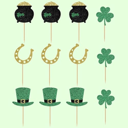12Pcs St Patrick's Day Cupcake Toppers, Glitter Shamrock Lucky Three Leaf Clover Cupcake Picks Hat Horseshoe Cake Decorations for St Patrick's Day Party Irish Holiday Supplies - Image 3