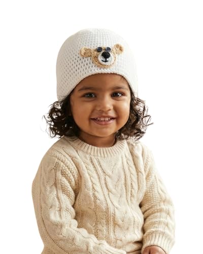Image of Handmade Knitted Self Design Woolen Beanie Cap for Kids - White & Red 6-12 M | Winter Cap for Baby | FUNCAP56-6-12 M
