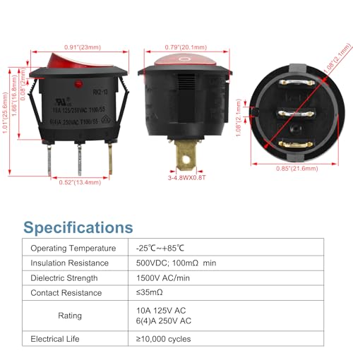 Image of Heschen -Round Rocker Switches, 3 Terminals, Red Light 10A, 250VAC, Pack of 5