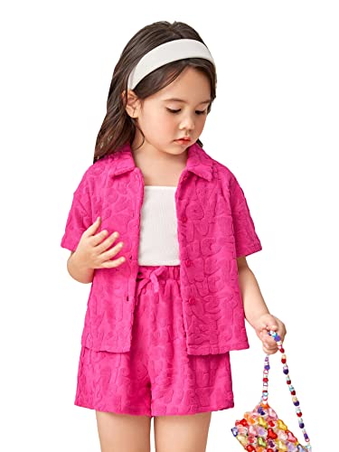 Image of WDIRARA Toddler Girl's 2 Piece Outfits Short Sleeve Button Front Shirt and Bow Track Shorts Set