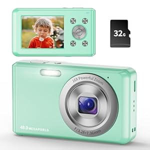 Digitalkamera,HD 1080P Fotokamera Kompaktkamera mit 32GB Karte, 48MP Fotoapparat 2,4 “ LCD 16X Digital Zoom Digital Kamera für Teenager, Anfänger(Grüner)
