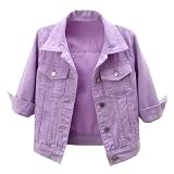 Chaqueta Vaquera para Mujer Chaqueta de Entretiempo Abrigo Vaquero Vintage para Mujer Chaqueta Vaquera Corta Elástica de Un Solo Color Chaqueta Corta Ligera para Mujer Ropa de Calle de Moda(Purple,L)