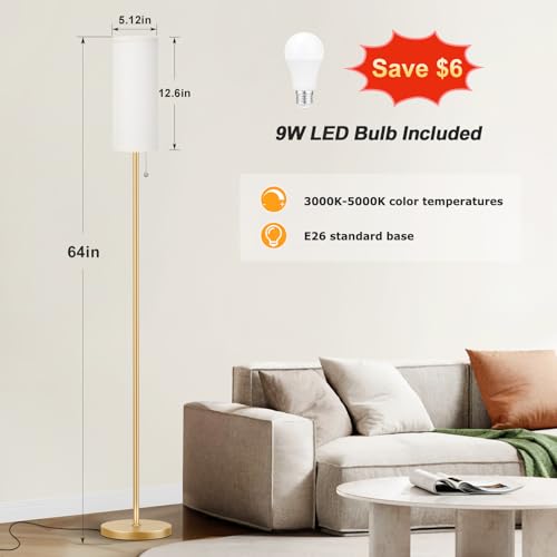 Ambimall Floor Lamp for Living Room with 3 Color Temperatures Bulb, 64" Standing lamp with Linen lampshade for Bedroom, Minimalist Pole Lamp, Beige Shade & Gold Pole by Ambimall - Used condition - Image 2