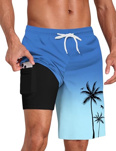 Lzzidou Men's Swim Trunks with Compression Liner Quick Dry Board Shorts Waterproof Bathing Suit Ombre-Blue