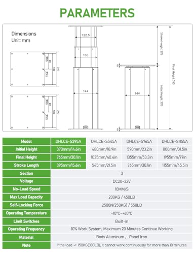 DIHOOL Elektrische Hubbeine 200kg Tragkraft Höhenverstellbar 370-765MM Teleskop Tischgestell Werkstatt Tisch WLAN Fernbedienung Handsteuerung für Werkstatt Wohnmobil Büro