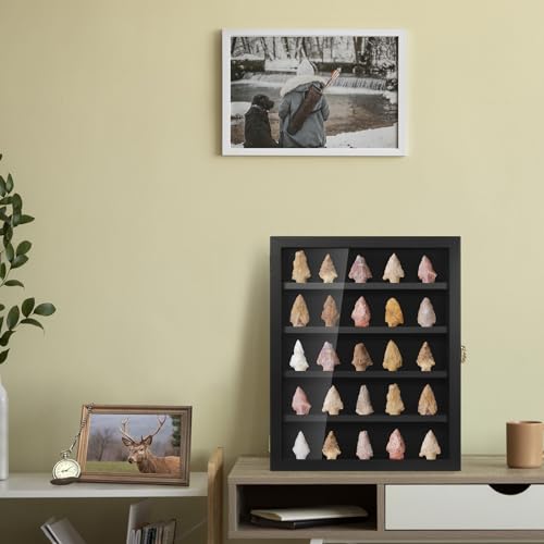 Image of TJ.MOREE Rock Display Case Black, Native American Arrowhead Display Case, Shadow Box Wall Mount for Crystal, Knife Display