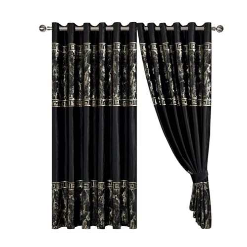Image of Opulent Dreams Greek Key Velvet Curtain Pair - Heavyweight with Luxury Foil Print - Room Darkening Eyelet - Fully Lined for Thermal Insulation, Includes Two Tiebacks (Black, 66" x 72" (167 x 183 cm))