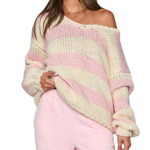 Image of Women Striped Chunky Knit Sweater Drop Shoulder Long Sleeve V-Neck Oversized Sweater Pullover Loose Knit Jumper Top