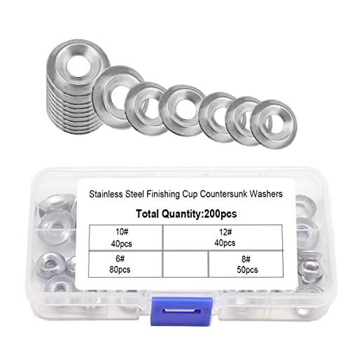 Beenlen 200 Pcs 304 Stainless Steel Finishing Cup Countersunk Washers Assortment Kit, Cup Countersunk Finish Washer Kit- #6#8#10#12 #TOP2
