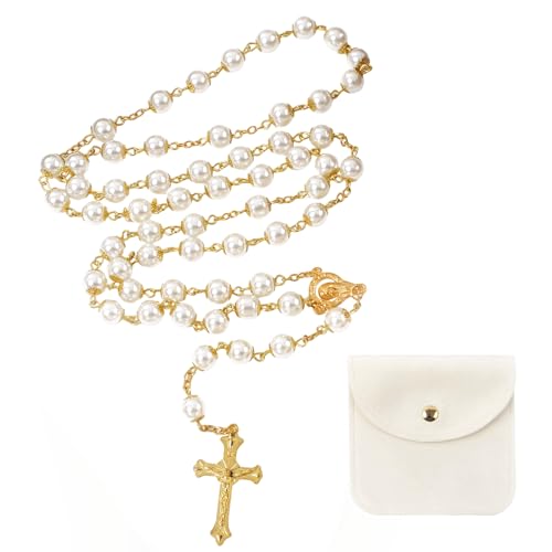 Hpbaggy Kommunion Rosenkranz Halskette Perlen Mit Samt Geschenkbeutel Katholisch Rosenkranz Kette Jesus Kreuz Gebetskette Christlich Rosary Chain Geschenke Für Frauen und Männer Mädchen Jungen