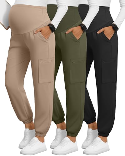3 Pack Maternity Scrub Cargo Jogger Pants | Work Pants with 6 Zip...
