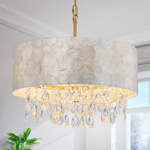 LumFurn 4-Light Drum Capiz Shell Crystal Chandeliers, Coastal Style Pendant Light Fixture for Dining Room, Living Room, D18 x 21~68'(Adjustable), Shell Lampshade & Gold Finish