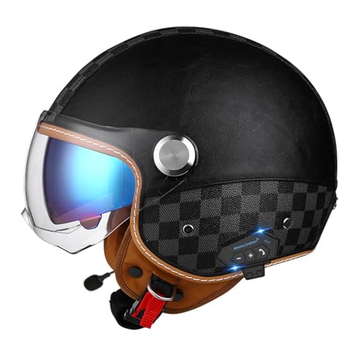 Casque Moto Jet Bluetooth Casque Scooter Ouvert Casques Motocross avec Double Lentille DOTECE Homologué Casques de cyclomoteur pour Hommes Adultes Femmes 19,M=57~58CM