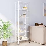 NATRKE メタルラック 6段 ホワイト キャスター付き スチールラック スチールシェルフ ワイヤーラック 置物架 大容量 防錆 傷つきにくい おしゃれ 省スペース棚 耐荷重240kg 幅54×奥行29×高さ166.5cm