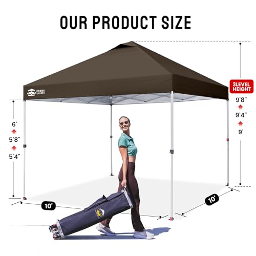CROWN SHADES 10x10 Pop Up Canopy - Beach Tent with One Push Setup - Outdoor Sun Shade for Events, Parties, Camping - Gazebo with STO-N-Go Cover Bag, Silver Coated Top, 3 Height& 4 Sand Bags, Coffee