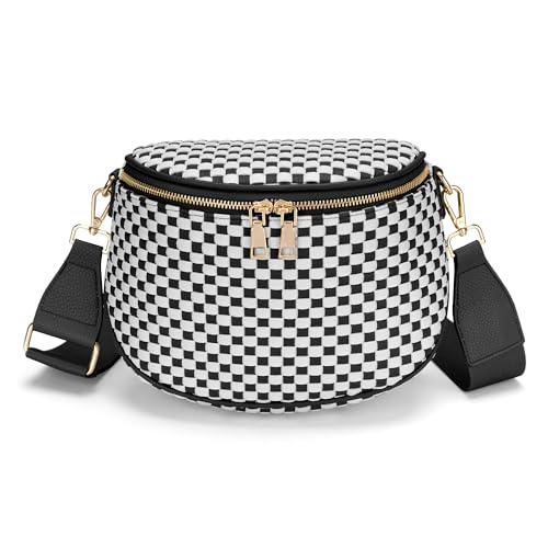 FODOKO Woven Crossbody Bag for Women Woven pu Leather Bum Bags Checkered Cross body purse with zipper Adjustable straps（Checkered black white