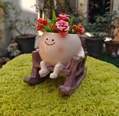 DECORITA Ceramic Planter with Smiling Face Design, White Decorative Flower Pot with Dangling Legs for Indoor Garden, Patio, Balcony Pack of 1 (Chair Smiley Planter)-picture-23