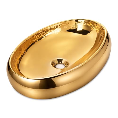 Image of BONKASO Pearl 1006 Luxury Golden Polished Ceramic Table Top Wash Basin (61 x 43 x 14.5 cm) | Large Countertop Bathroom Sink | Modern Designer Vanity Wash Basin