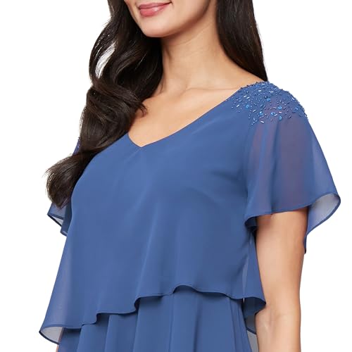 Image of S.L. Fashions Women's V-Neck Chiffon Cocktail Dress with Beaded Shoulders and Asymmetrical Tiers (Petite and Regular Sizes)