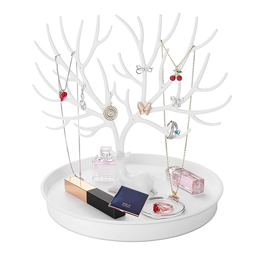 YFLY Jewelry Tree Stand Organizer Tower Holder,Antler Tree Hanging Necklace Organizer,Ring Earrings Necklace Bracelet Holder,Deer Horn Tree Stand with Storage Tray White