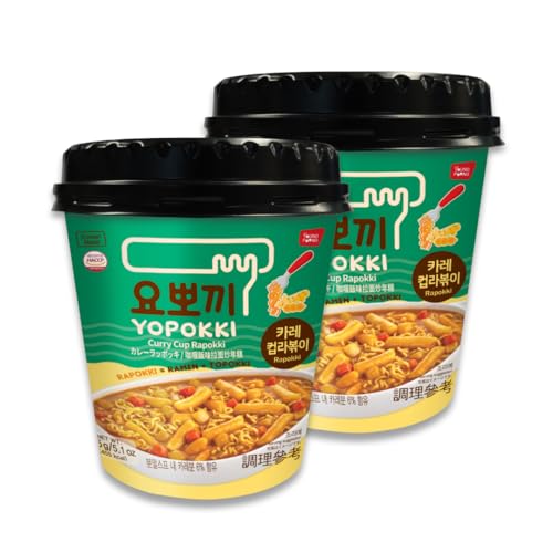 Yopokki Instant Rabokki Cup (Curry, 2 Cups) Korean Street food with Spicy curry taste sauce Ramen Noodle Topokki Rice Cake - Quick & Easy to Prepare