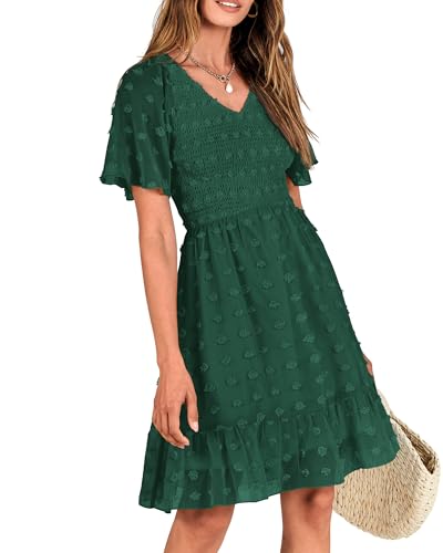 BTFBM Womens Beach Vacation Dress Summer 2025 V Neck Short Sleeve Smocked Swiss Dot Cute Ruffle Casual Fall Mini Dresses(Dark Green, X-Large) - Image 5