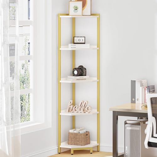 Hzuaneri Corner Shelf Stand, Corner Bookshelf, Storage Standing Shelf Unit with Metal Frame, Plant Stand, Bookcase for Living Room, Home Office, Bedroom, 5-Tier White Gold CS05903A