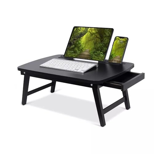 Image of VASIL MART A Versatile Laptop Table Or Lapdesk With A Spacious Working Area For Home That Is Made Of Solid Mango Wood And Is Adjustablefoldable, With Phone And Tablet Holder (Black, 60 Cm, 33 Cm)