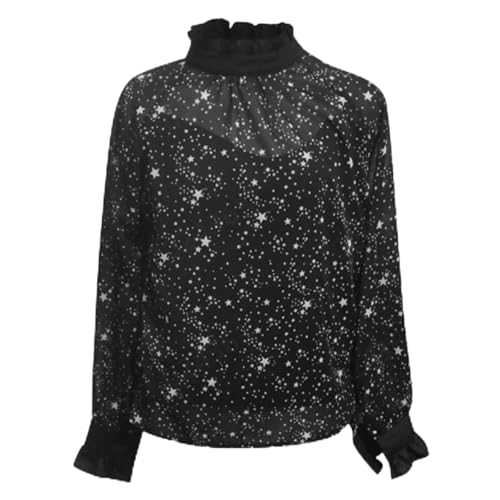 Camiseta de manga larga para mujer, de gasa translúcida, con estampado de estrella, manga larga, cuello alto, blusa, disfraz de carnaval, elegante, informal, blusas para mujer, sudaderas, O negro., M