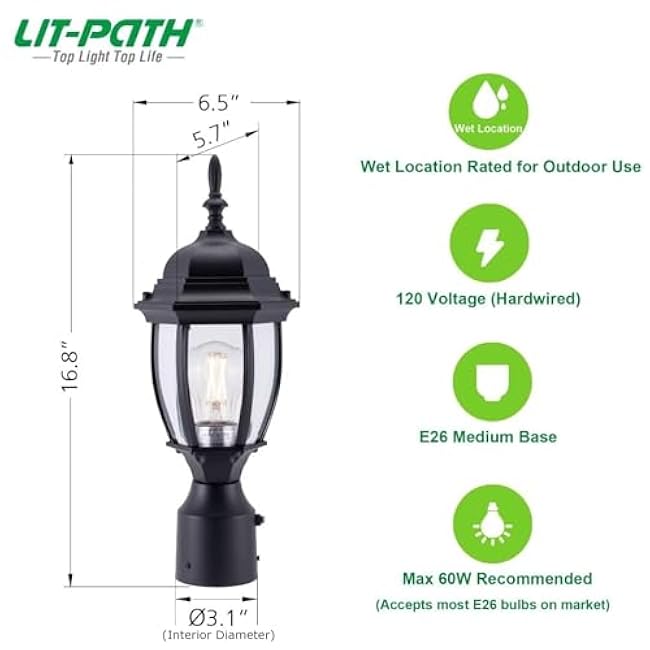 LIT-PaTH Dusk to Dawn Outdoor Post Lighting Fixture Pole Lantern, E26 Medium Base Max 60W, Aluminum Housing Plus Glass, Bulb Not Included (Black, 2-Pack)