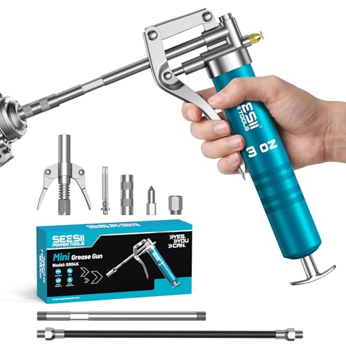 Seesii Mini Grease Gun 3 oz 4000 PSI Portable Small Grease Gun Kit with Upgraded Air Bleed Valve for Easy Priming Works with Cartridge & Bulk Grease 4 Reinforced Couplers for Automotive Marine