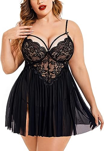 Image of Plus Size Lingerie Lace Babydoll Womens Strap Chemise Nightgown V Neck Nighty Mesh Sleepwear Side Slit Nightdress with G-Sting Panty