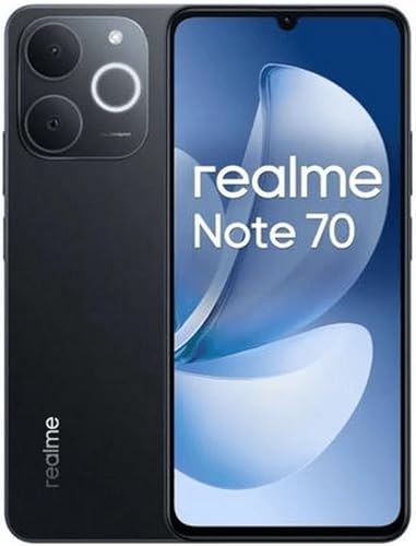 Smartphone Realme Note 70 RMX5313 8GB de RAM / 256GB. Bateria de 6300mAh e tela de 6,74' 90Hz HD+, IP54 com Resistência Militar a impactos. Cor Obsidian Black (Preto). Global Anatel