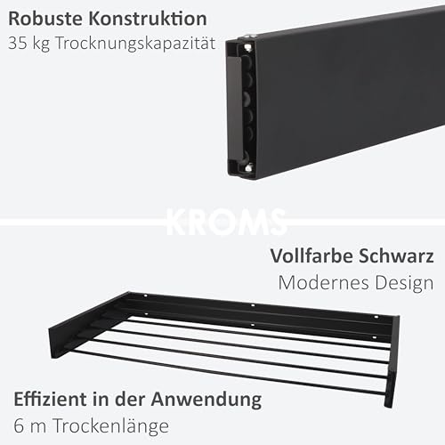 KROMS Wäscheständer Ausziehbar XL Full Color Schwarz 100cm – 6m Trockenlänge - Wäschetrockner Wand - Wäscheständer Wand