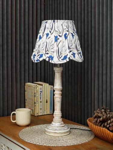 Image of Green Girgit Wooden Distress White Empire Lamp with Pleeted Multicolor Blue Floral Lotus Shape Lamp Shade