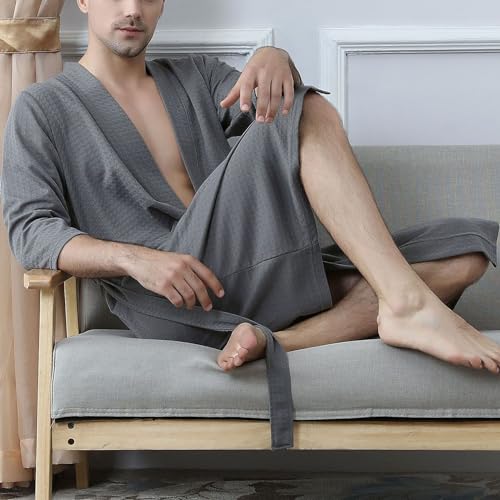 Men's Waffle Bath Robe Long Robe Bath House V Neck Soft Knee Length Thin Medium Fall Comfy Kimono3