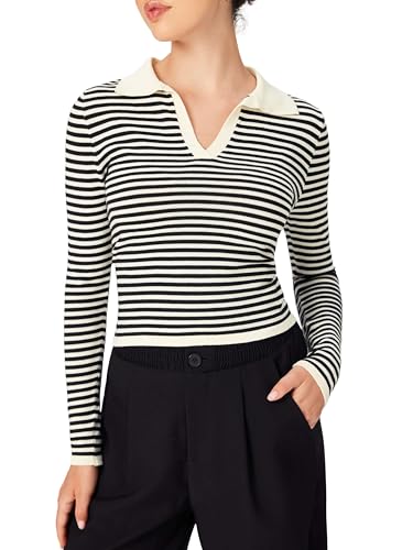 CIDER Striped Sweater for Women V Neck Long Sleeve Slim Fitted Ribbed Knit Casual Pullover Polo 2025 Fall Sweater4