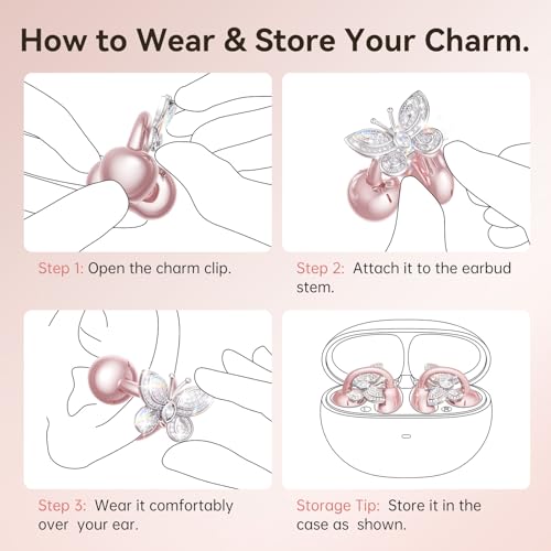 Kinglucky Clip-On Open Ear Earbuds with Detachable Butterfly Earrings, Bluetooth 6.0 Wireless Headphones for Women, 40H Playtime, Comfortable Fit for Small Ears, Sports, Glasses Wearers, Rose Gold - image 9