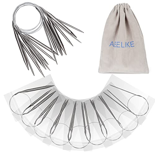 Image of Aeelike Circular Knitting Needles Set Stainless Steel Knitting Needles 32-inch, 9 Pack Knitting Needls Round with Cable, Long & Smooth Metal Round Needles Gift for Mother Grandmother