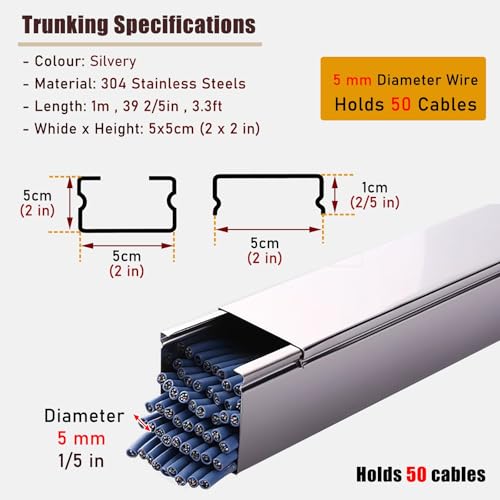 Canaletas para cables de acero inoxidable para ocultar cables en oficinas, almacenes y talleres, protector de cables para pared y piso (paquete de 5, 50x50 mm) miniatura 2