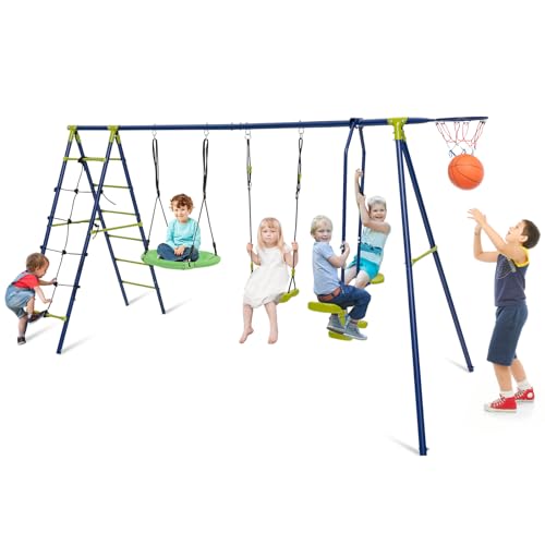 COSTWAY Columpio Jardín Exterior para Niños 3 a 12 Años, Columpio Infantil 6 en 1, Red Escalar, Escalera, Columpio de Platillo/Cinturón, Planeador, Aro Baloncesto, 336x140x176 cm, Carga 250kg (Verde)