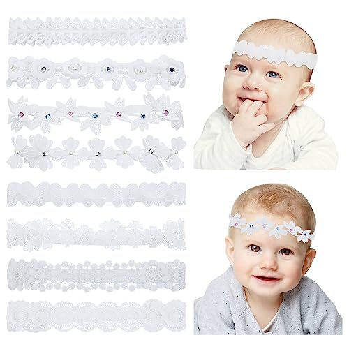 Image of Cinaci 8 Pack White Delicate Flower Butterfly Leaf Stretchy Lace Headbands Baby Baptism Shower Christening Photo Props Hair Accessories for Baby Girls Infants Toddlers Kids (White-8 Pack)