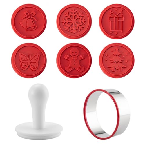 Hemoton Christmas Cookie Stamps Set, Silicone Cookie Stamps for for DIY Christmas Kitchen Baking, Include 6 Stamps, 1 Round Cookie Cutter, 1 Press, Non Stick