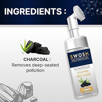 SWOSH Activated Charcoal Face Wash With Tea Tree Oil For Women and Men 100 ml With Bulit In Silicone Brush - Image 4