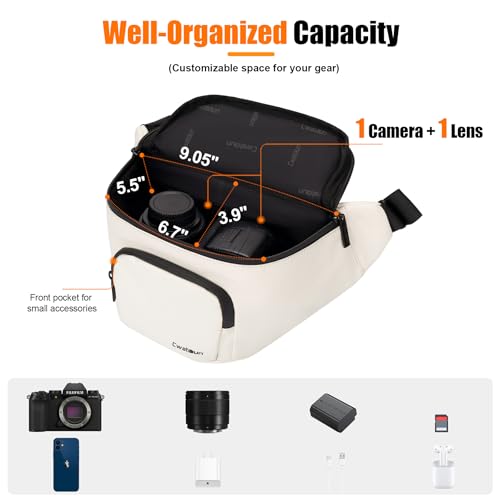 Waterproof Camera Waist Bag - Cwatcun Compact Camera Case, Lightweight Portable Fanny Pack, Daily Carry Storage Case Crossbody Bag for Canon, Nikon, Sony, Fuji DSLR/SLR/Mirrorless Camera, Lens, White - Thumbnail 3