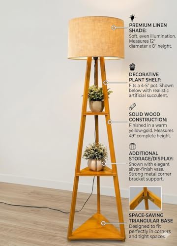 Image of Wooden Tripod Floor Lamp with 3 Shelves Modern Standing Lamp with Fabric Shade Decorative Shelf Floor Lamp for Living Room Bedroom & Home Decor Modern Standing Lamp for Living Room,Bedroom
