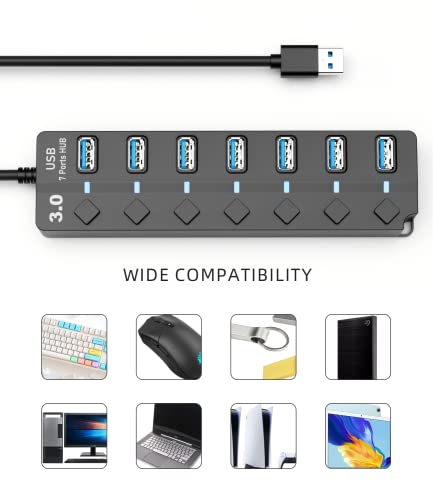 Image of USB 3.0 Hub, PANPEO 7-Port USB Data Hub Splitter with 3ft Long Cable USB Extension for Laptop,PC Computer,Surface Pro, PS4 /5, Flash Drive, Mobile HDD - with LED Individual On /Off
