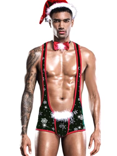 EHSUYAB Sexy Dessous für Männer, Herren Wrestling Unterhemd, 3-teiliges Weihnachtsmann-Kostüm, Outfit, Herren, Herren, Einheitsgröße, Rot