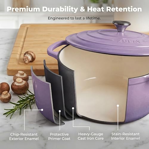 Image of Zulay Kitchen 6.4QT Enameled Cast Iron Dutch Oven Pot with Lid, Heavy-Duty Soup Pot for Stews, Braising, Roasting & Sourdough Bread Baking, Oven Safe up to 500F - Lavender Jade