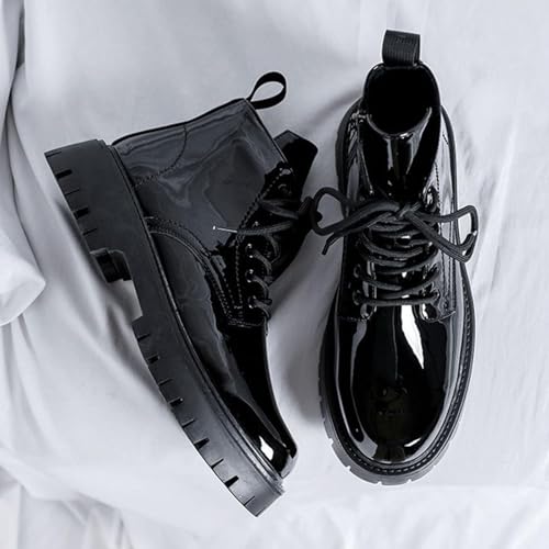 Men's Lace-Up Platform Lugs Sole Ankle Boots,Fashion Patent Leather Side Zip High Top Boots Comfort Outdoor Anti-Slip Four Seasons Booties4